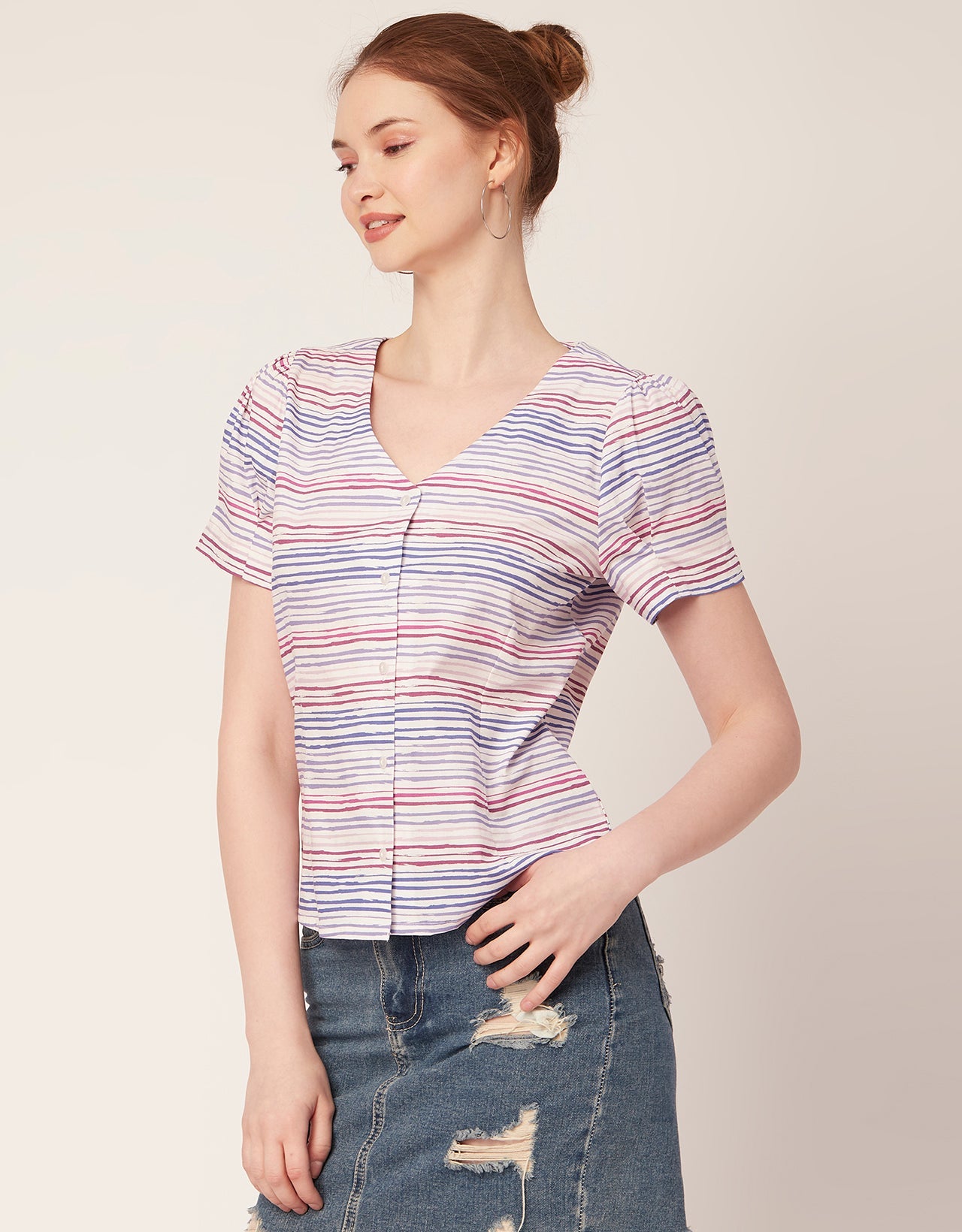 Printed V Neck Puff Sleeve