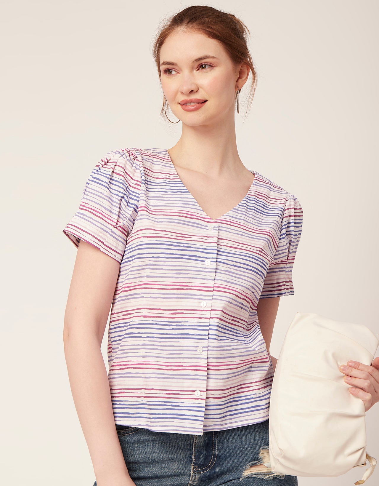 Printed V Neck Puff Sleeve