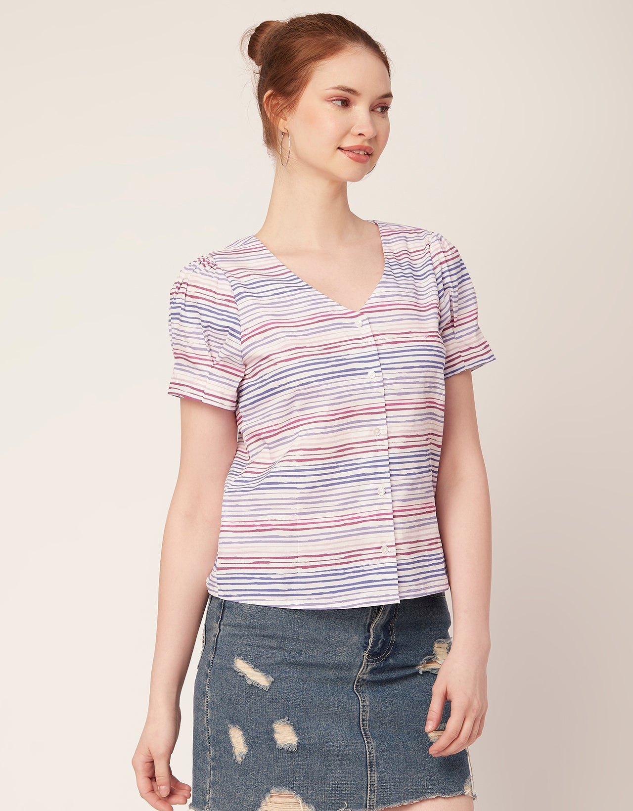 Printed V Neck Puff Sleeve