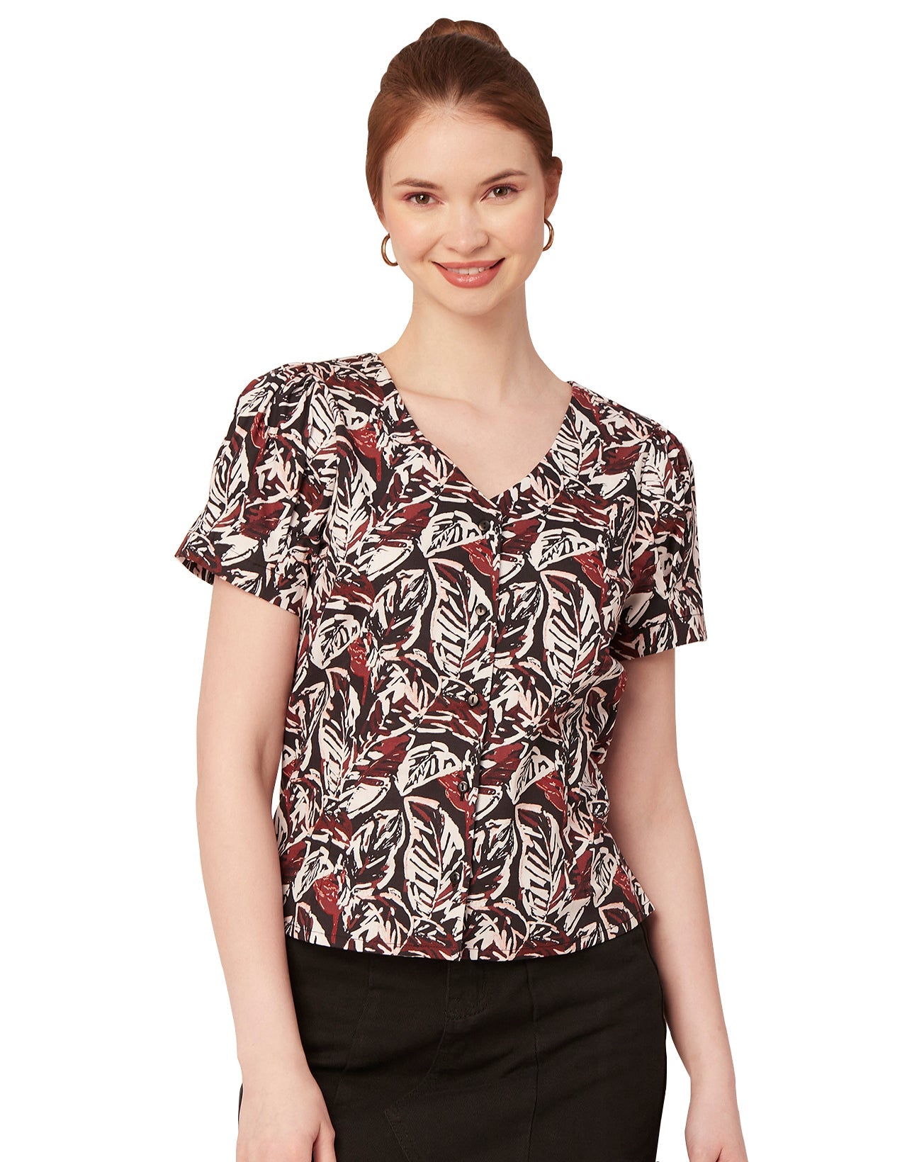 Printed V Neck Puff Sleeve