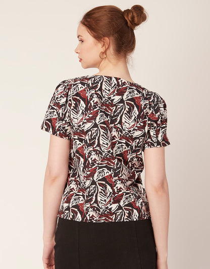 Printed V Neck Puff Sleeve