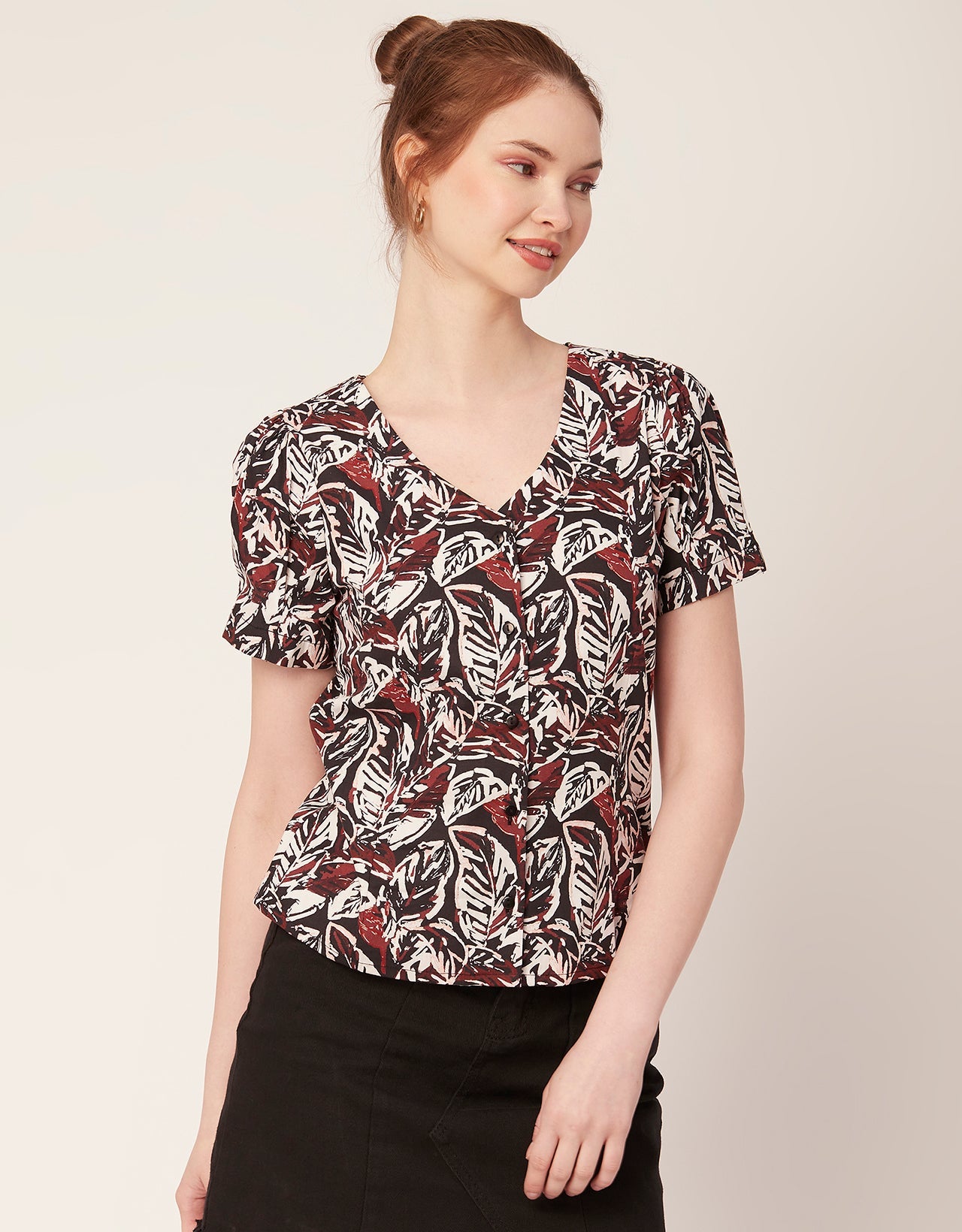 Printed V Neck Puff Sleeve
