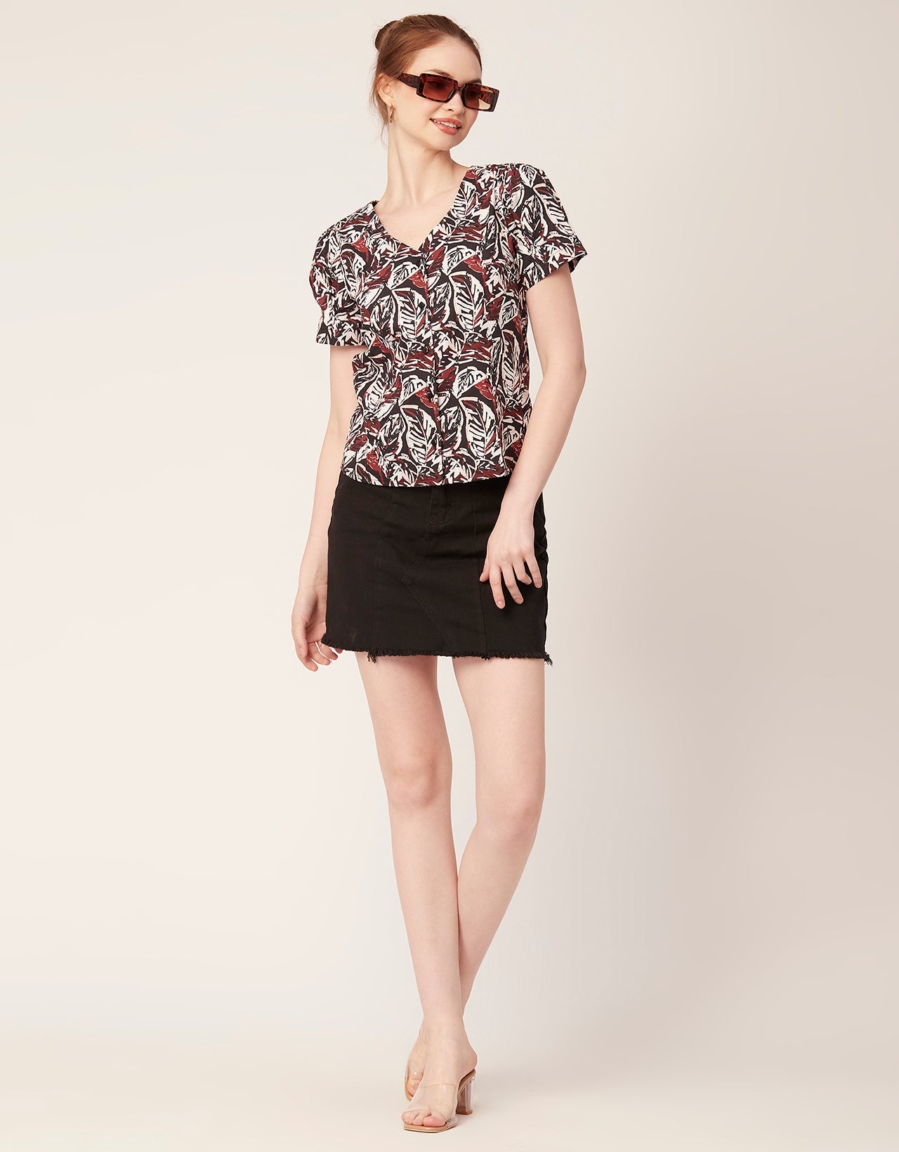 Printed V Neck Puff Sleeve