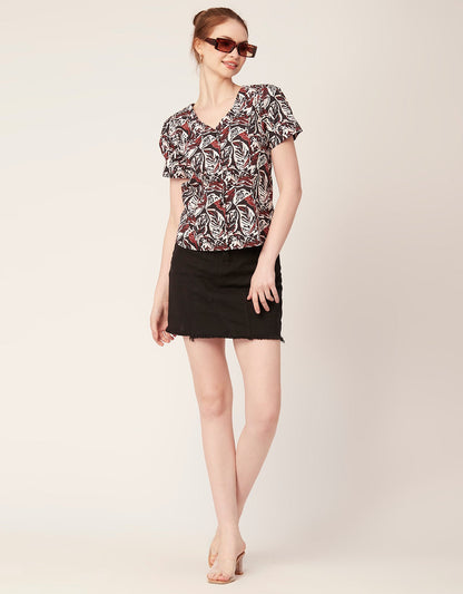 Printed V Neck Puff Sleeve