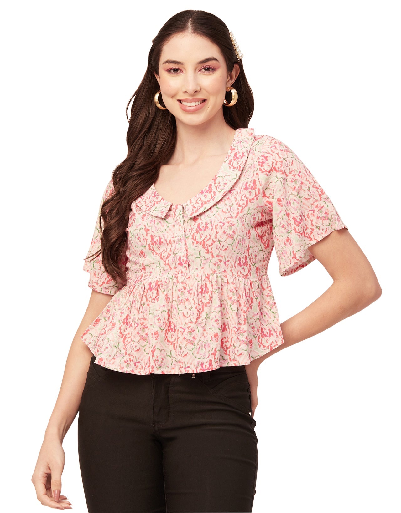 Printed Peplum Flutter Top