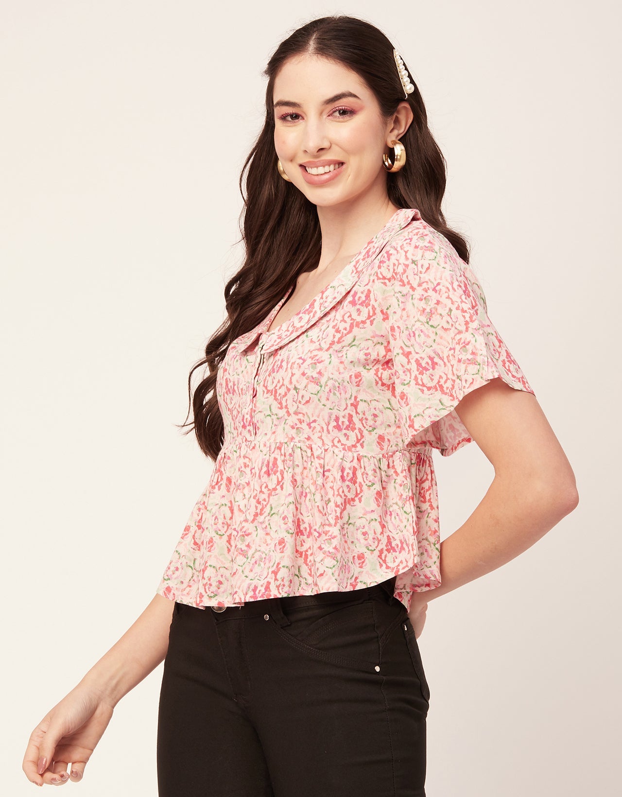 Printed Peplum Flutter Top