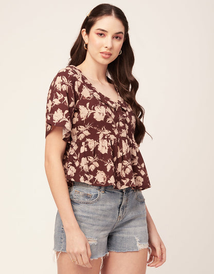 Printed Peplum Flutter Top