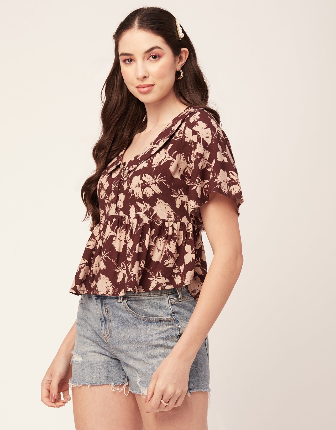 Printed Peplum Flutter Top