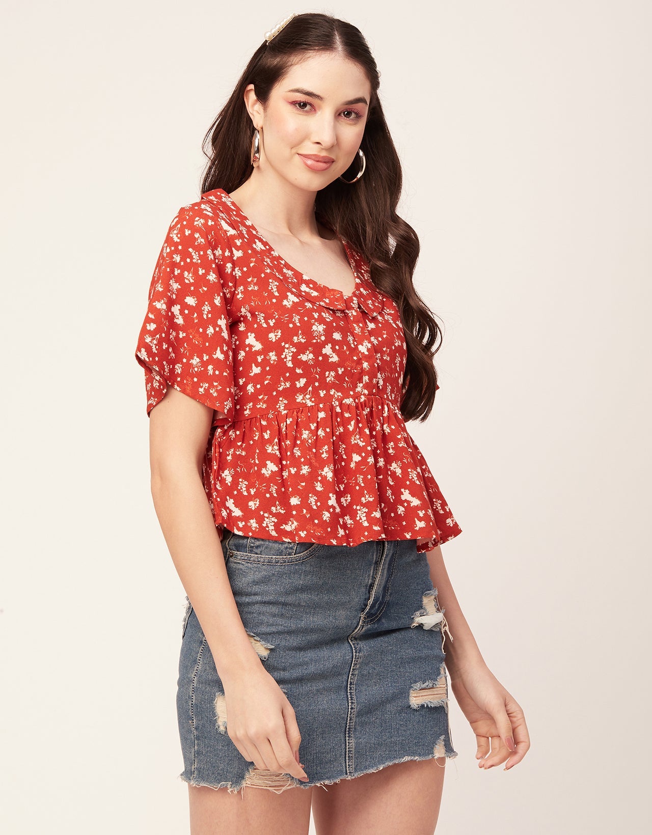 Printed Peplum Flutter Top