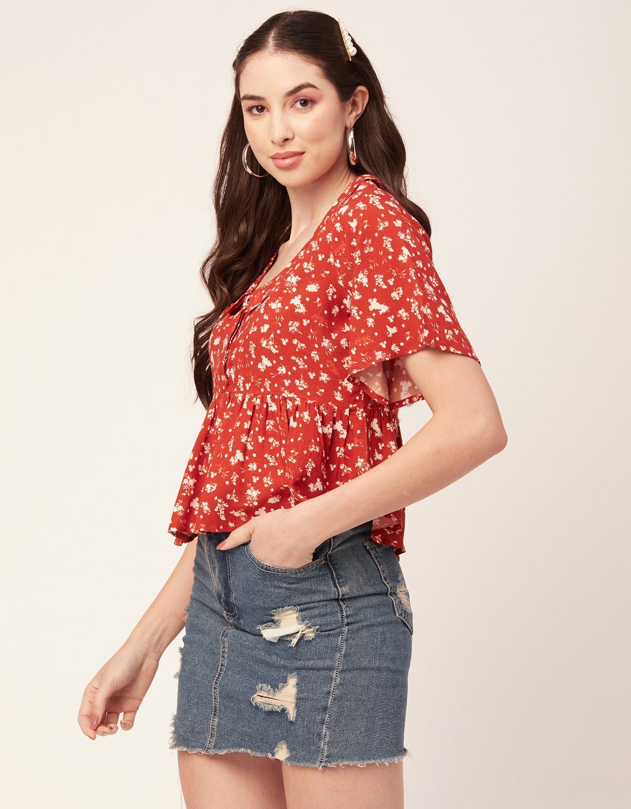 Printed Peplum Flutter Top