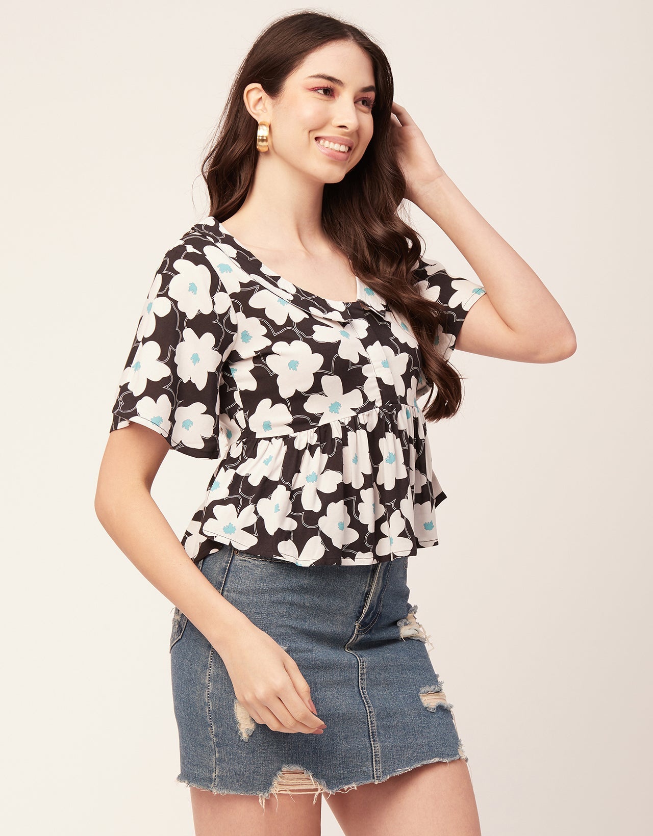 Printed Peplum Flutter Top