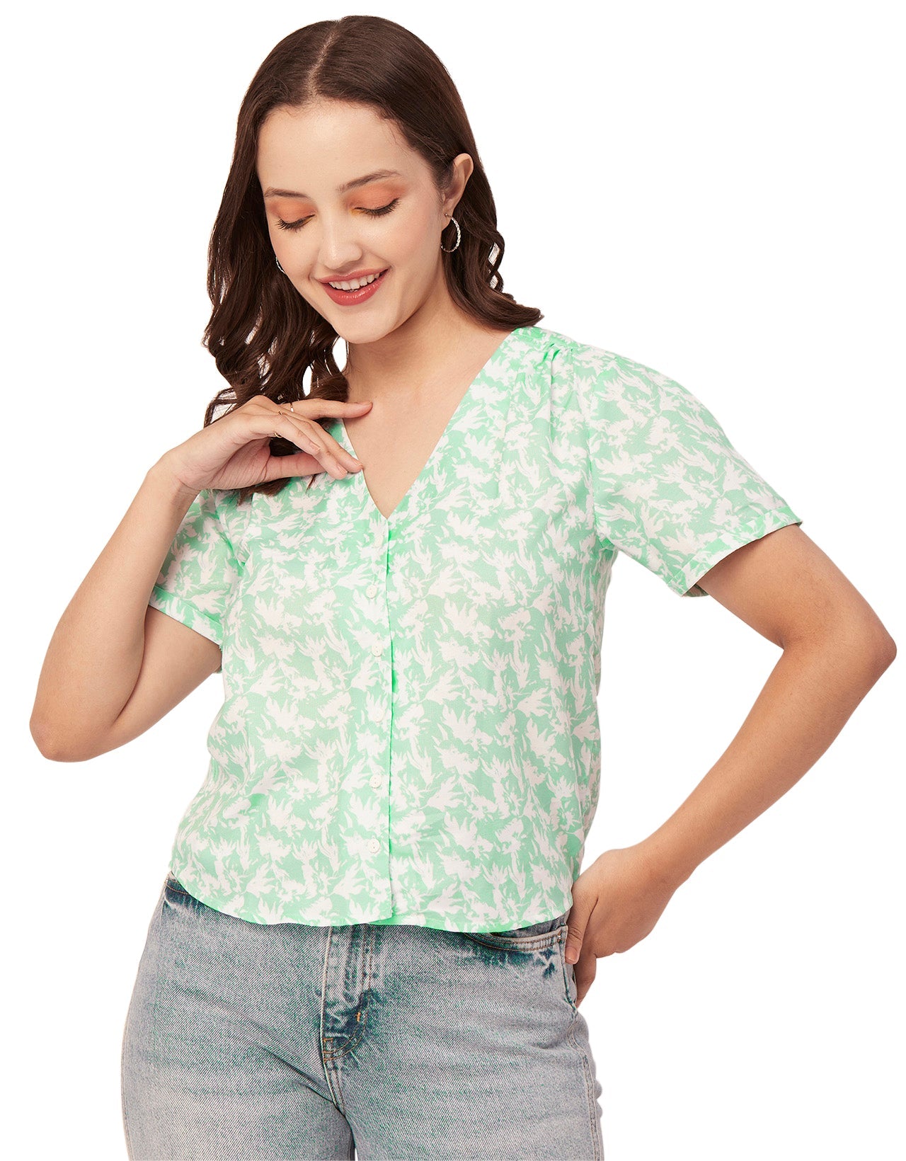 V-Neck Button Crop Top