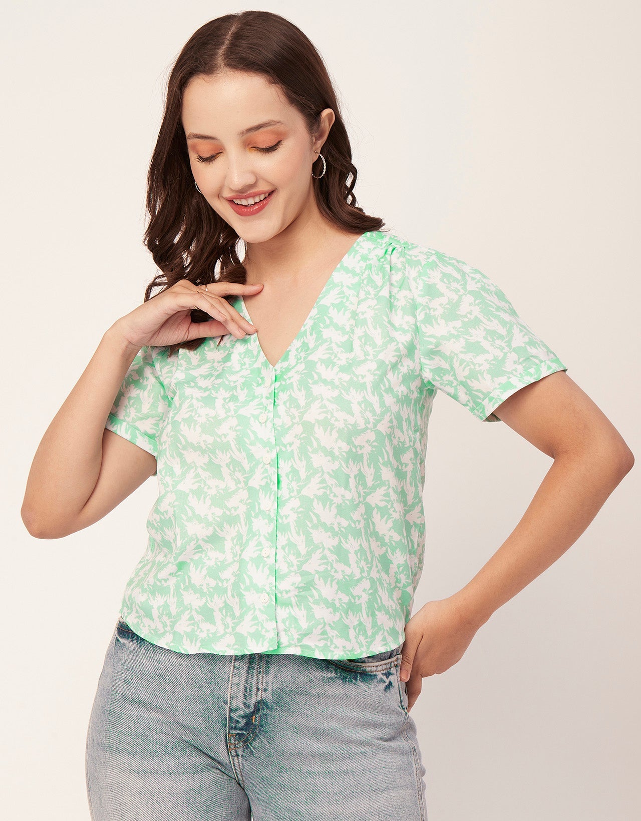 V-Neck Button Crop Top