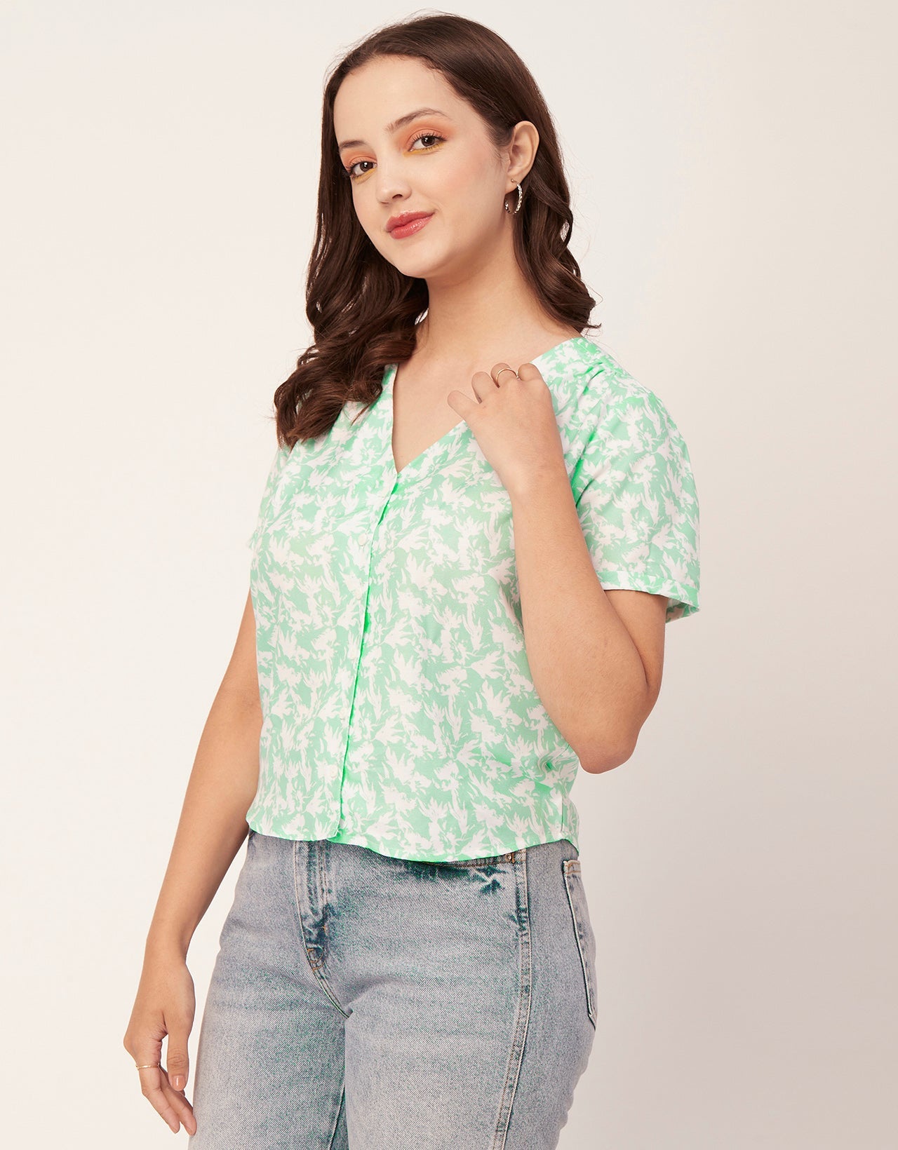 V-Neck Button Crop Top