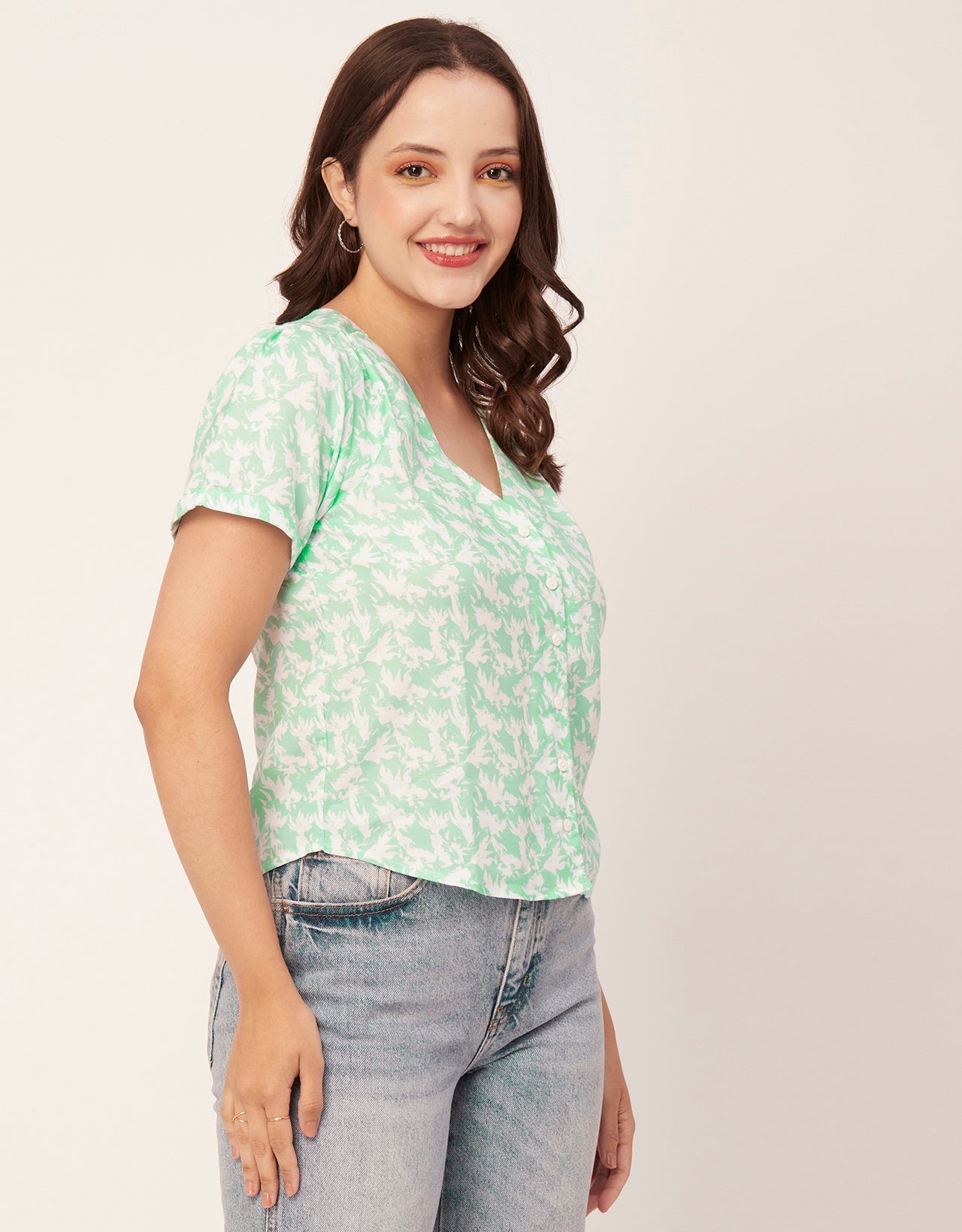 V-Neck Button Crop Top