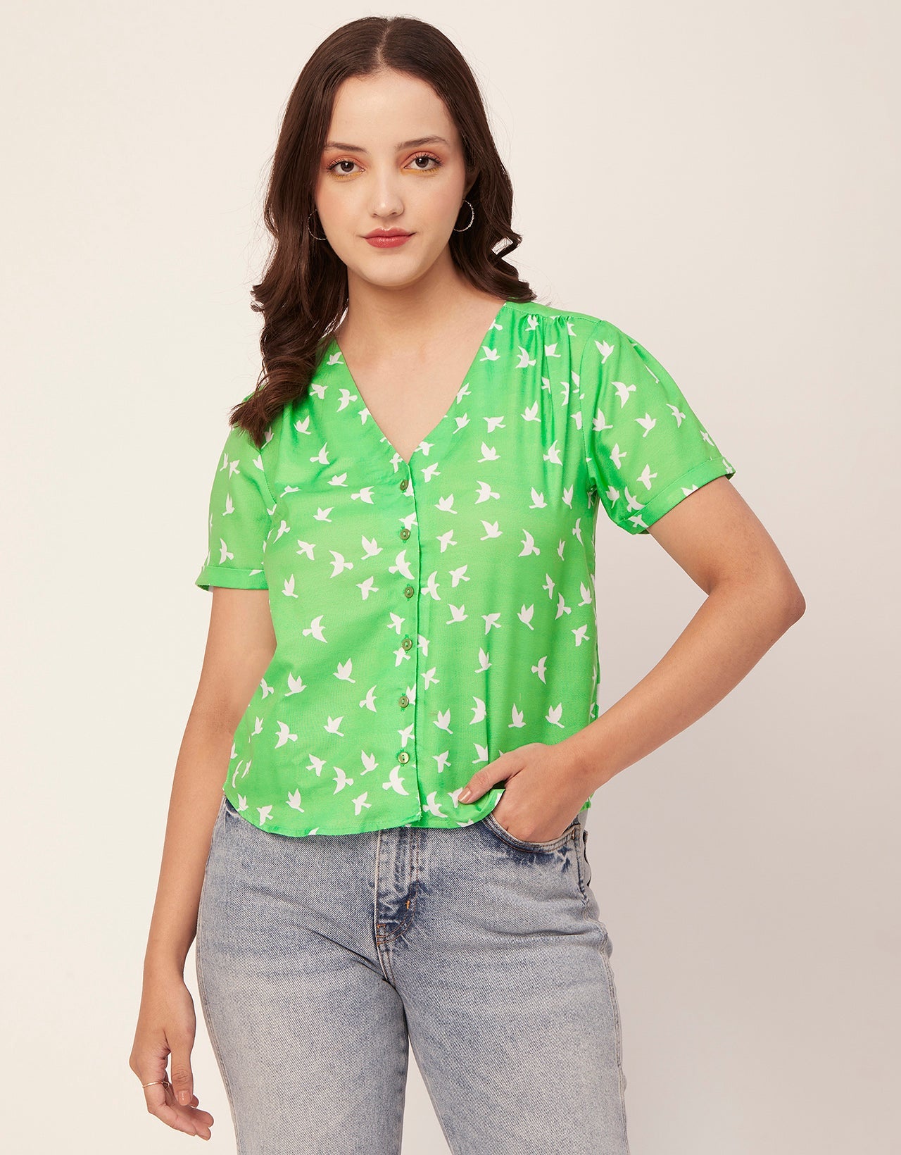 V-Neck Button Crop Top