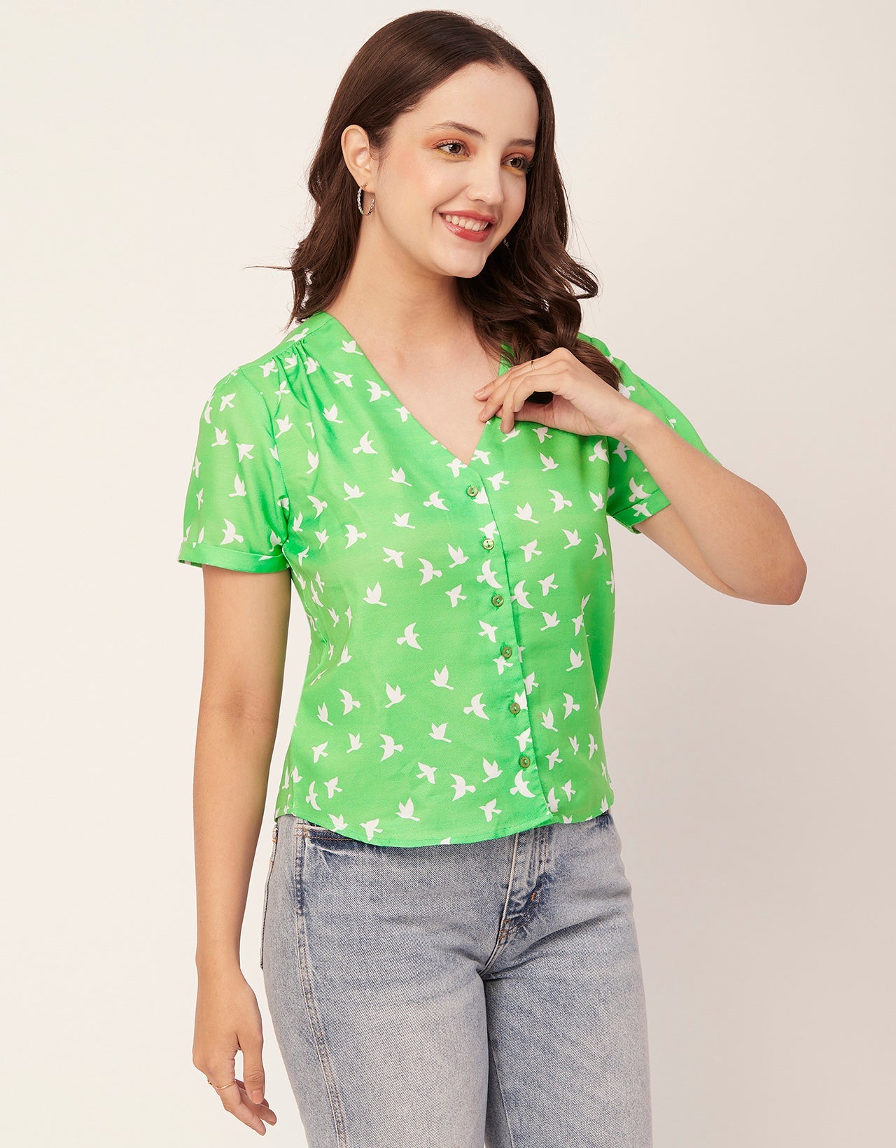 V-Neck Button Crop Top