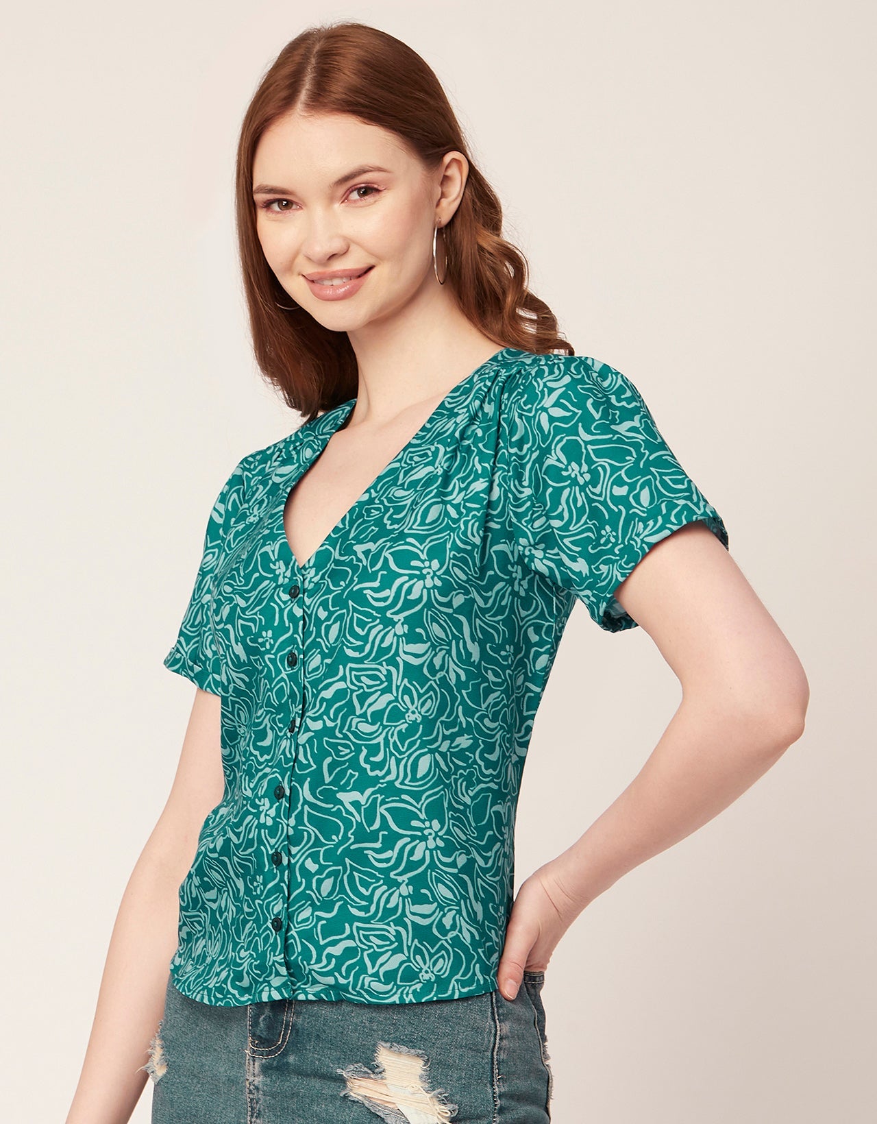 V-Neck Button Crop Top