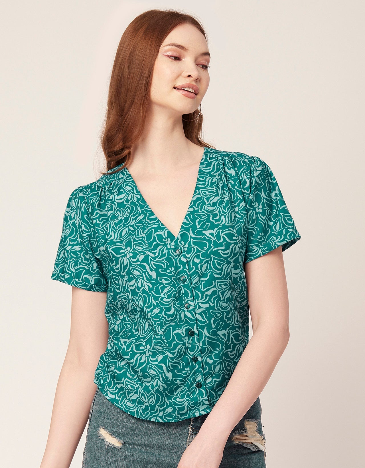 V-Neck Button Crop Top