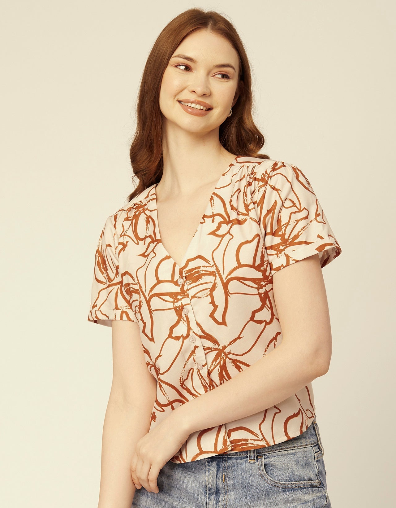 V-Neck Button Crop Top