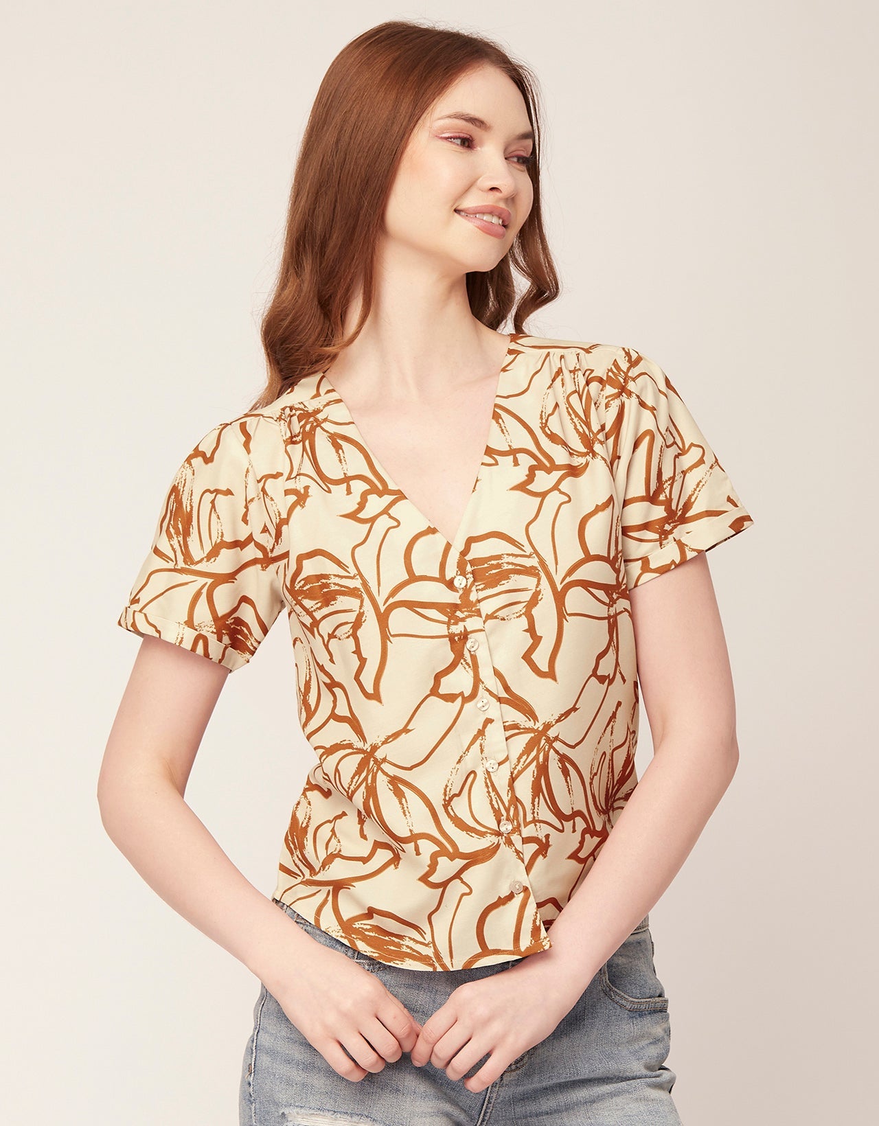 V-Neck Button Crop Top
