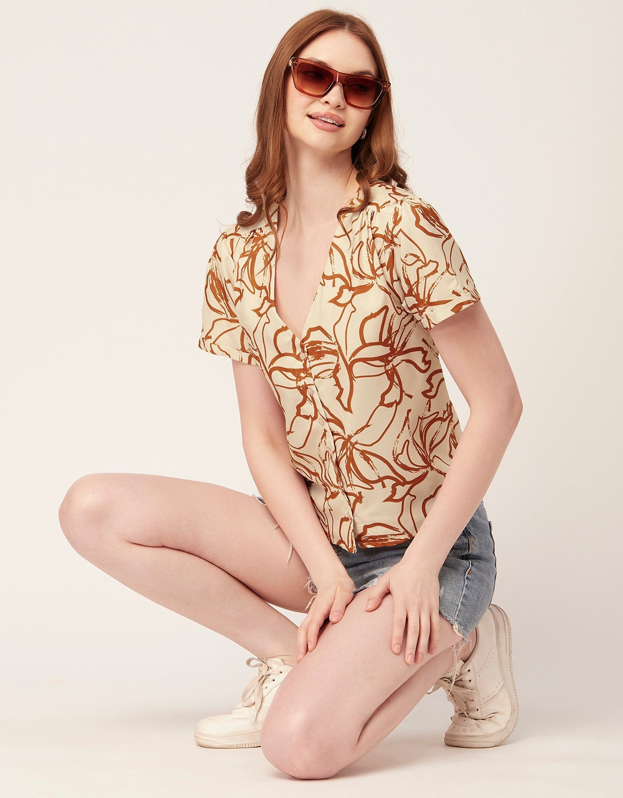 V-Neck Button Crop Top