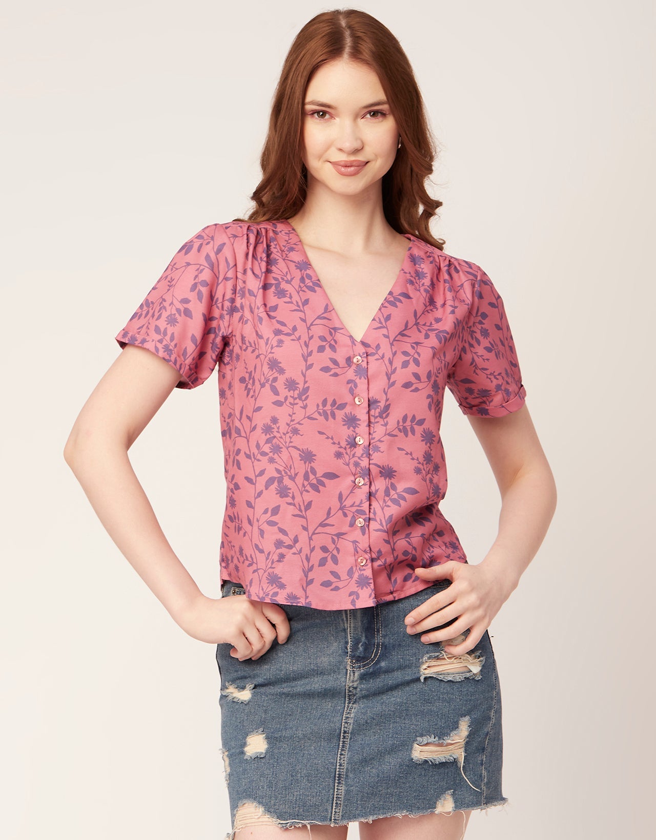 V-Neck Button Crop Top