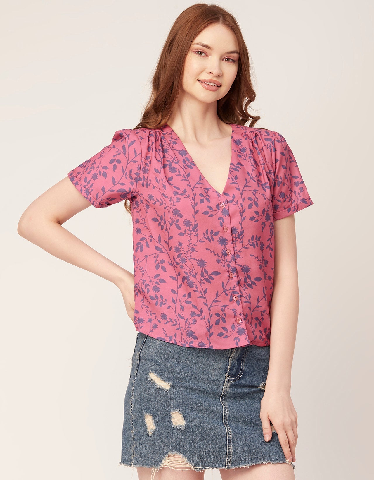 V-Neck Button Crop Top