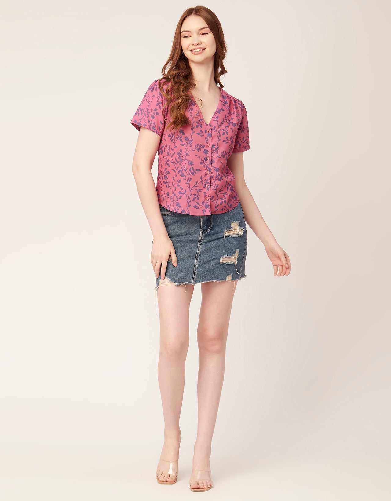 V-Neck Button Crop Top