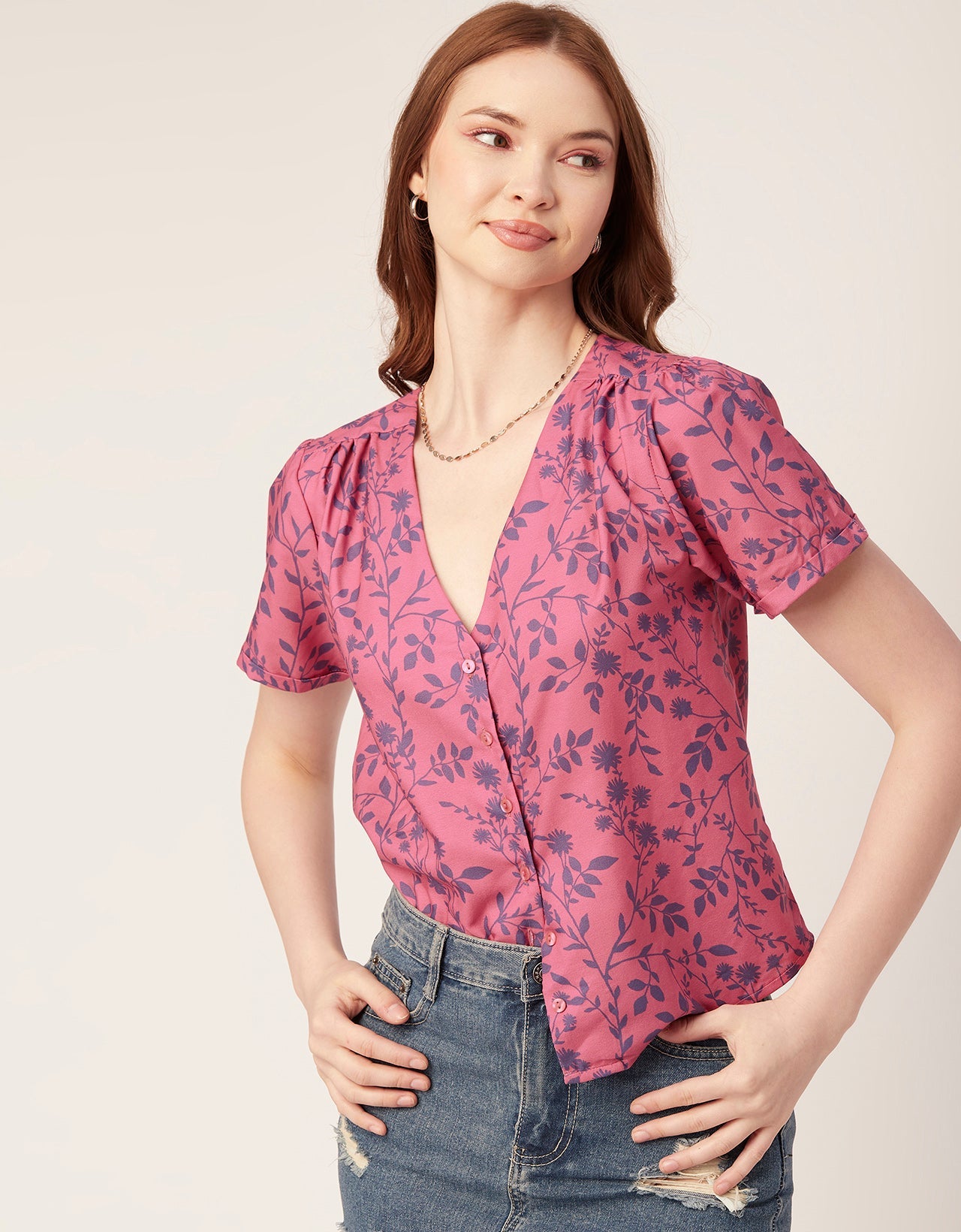 V-Neck Button Crop Top