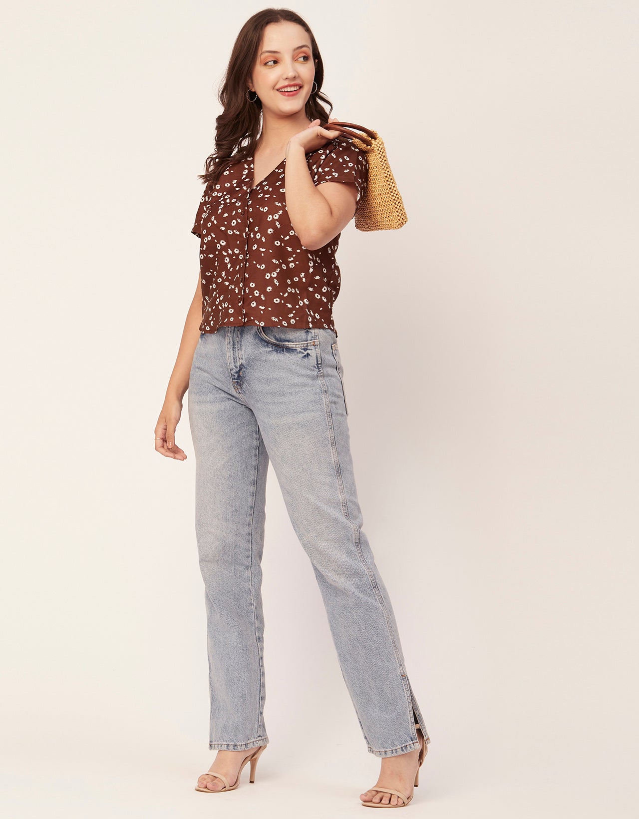 V-Neck Button Crop Top