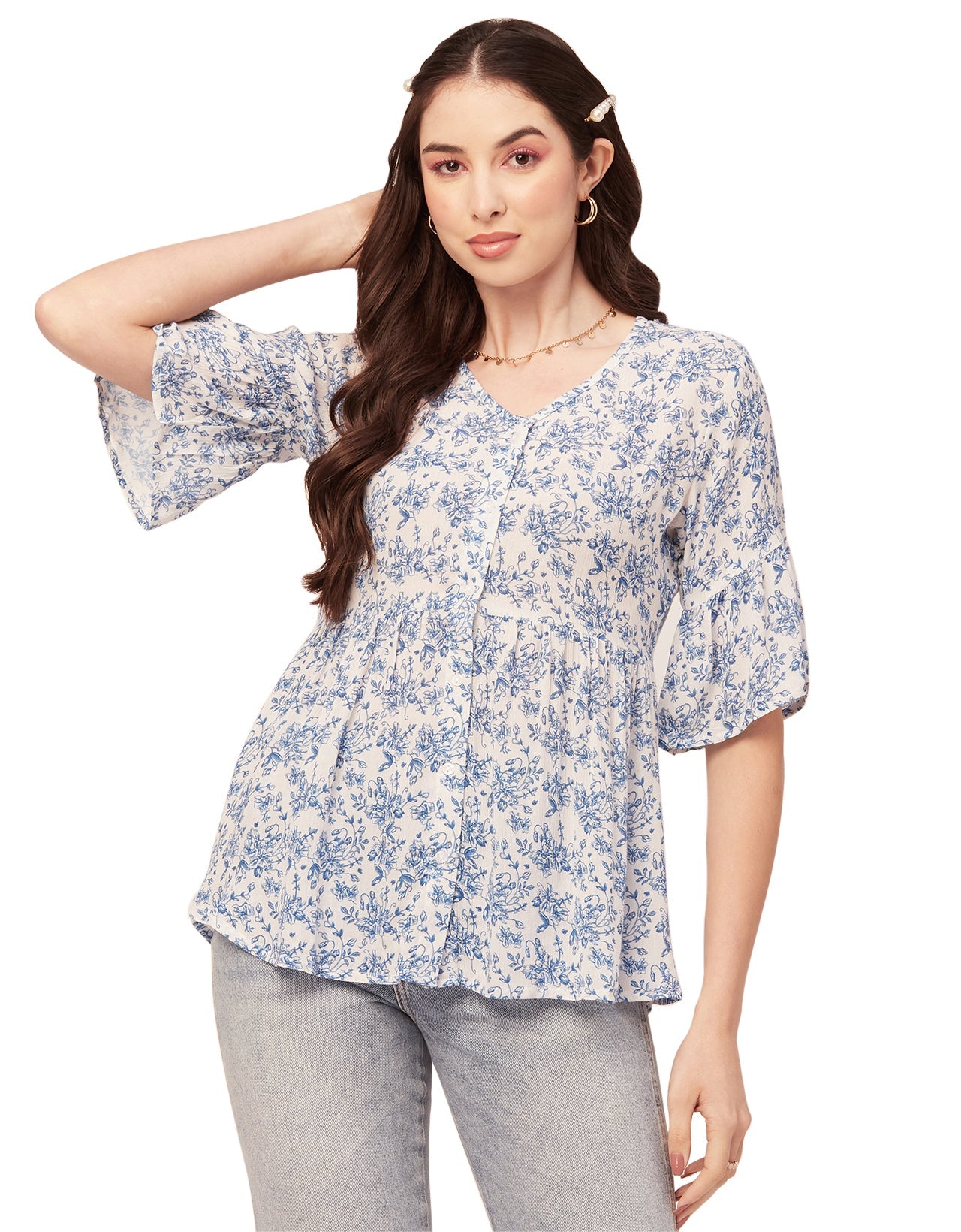 Printed V Neck Flutter T