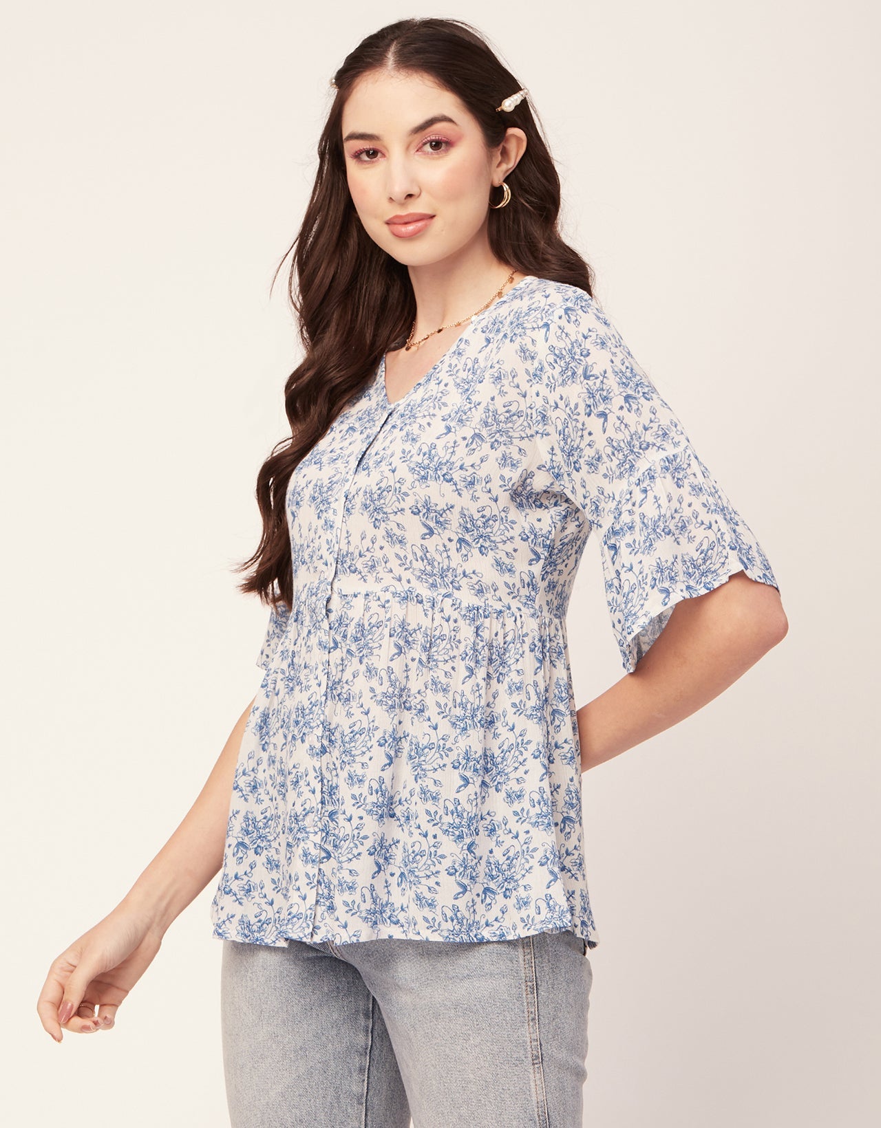 Printed V Neck Flutter T