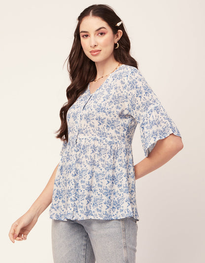 Printed V Neck Flutter T