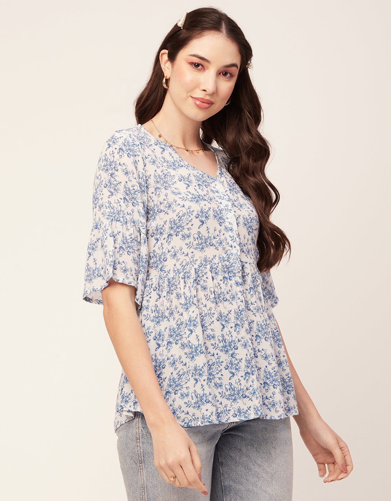Printed V Neck Flutter T