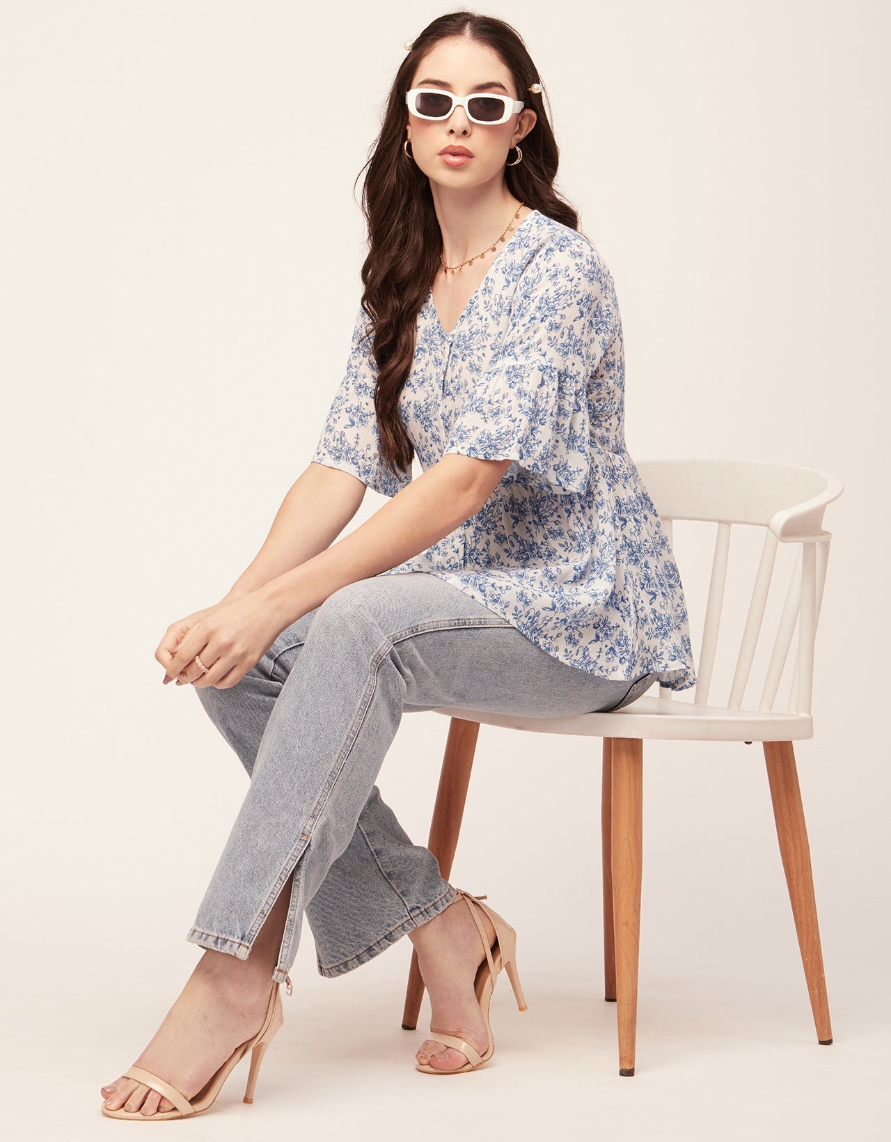 Printed V Neck Flutter T
