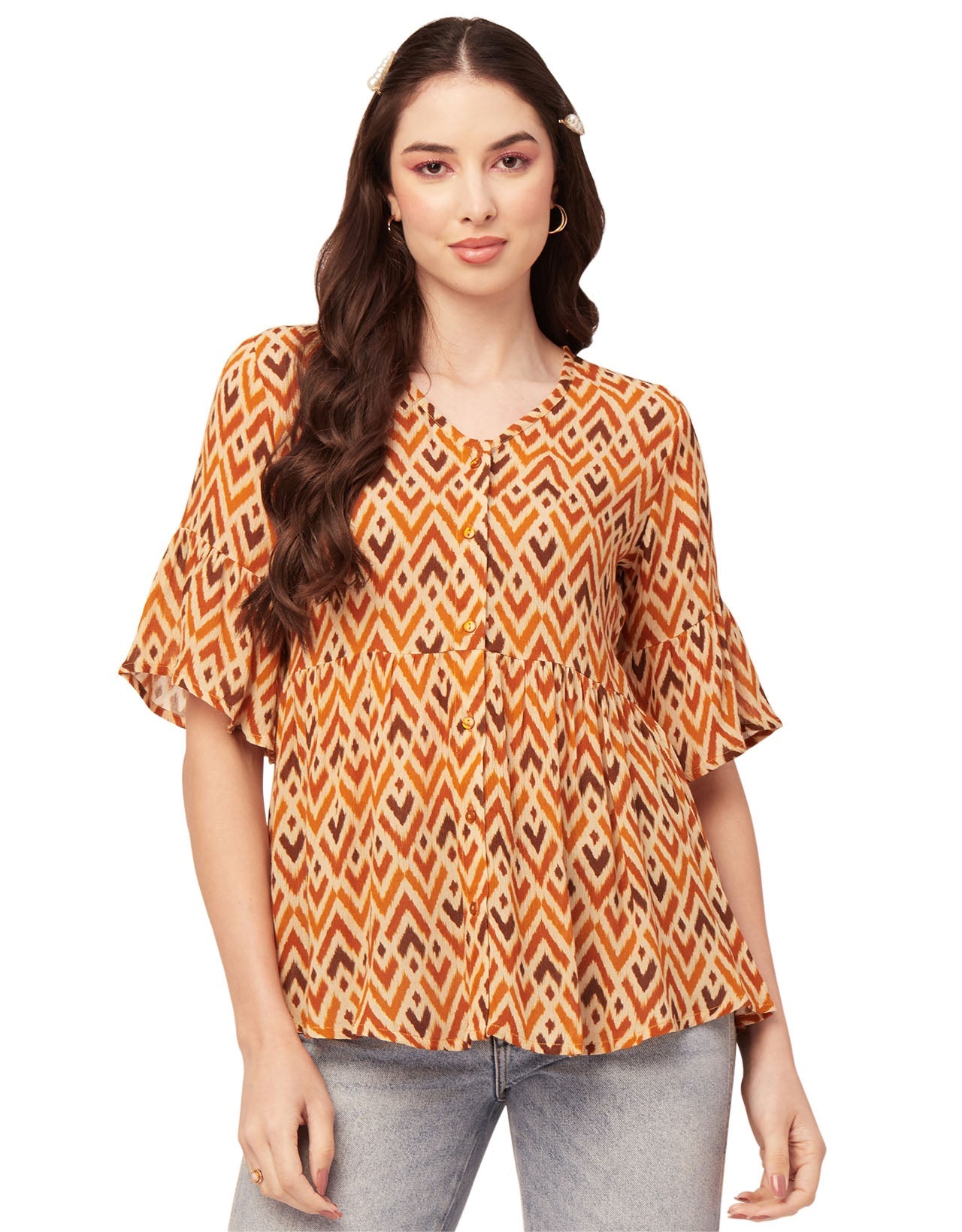 Printed V Neck Flutter T