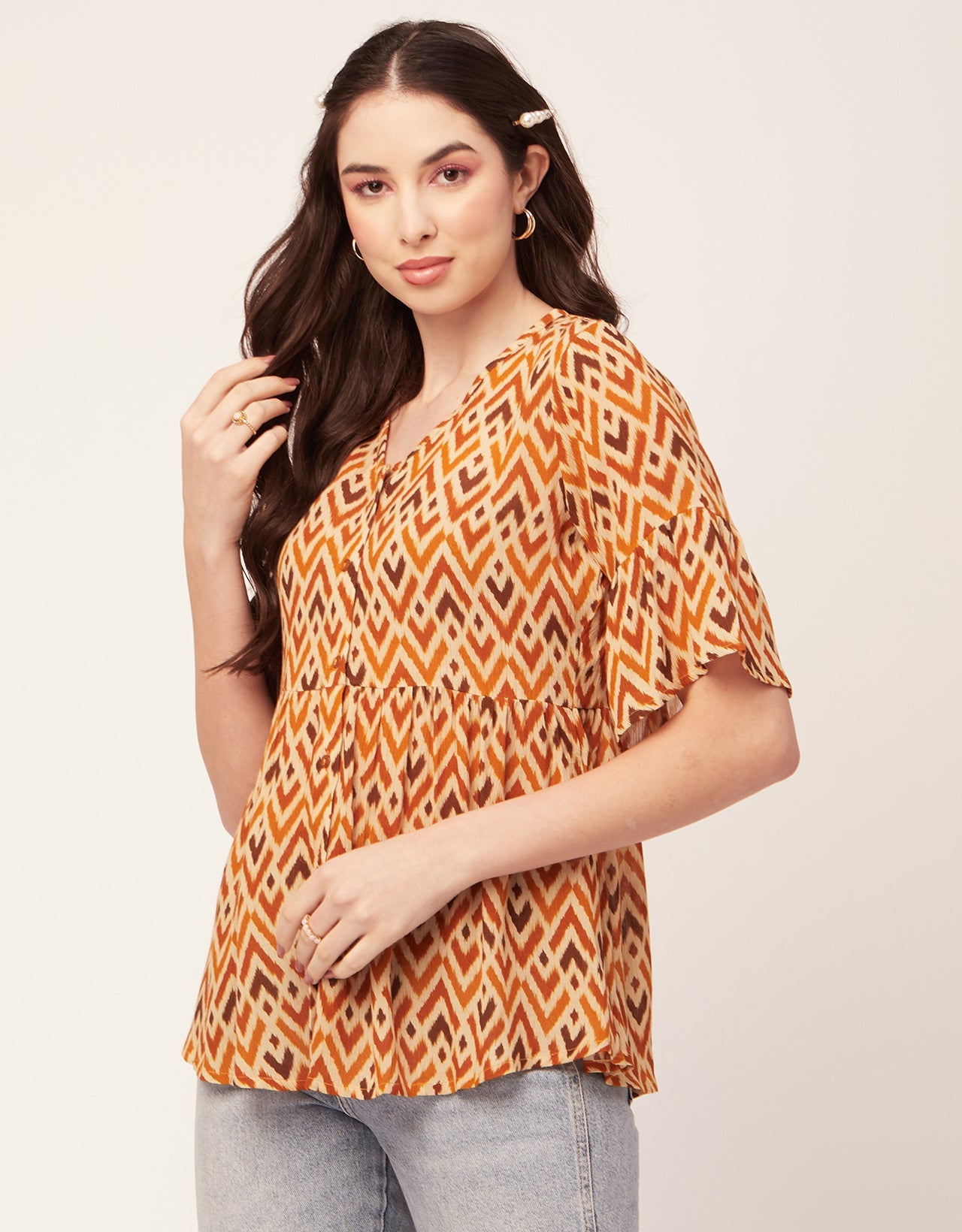 Printed V Neck Flutter T