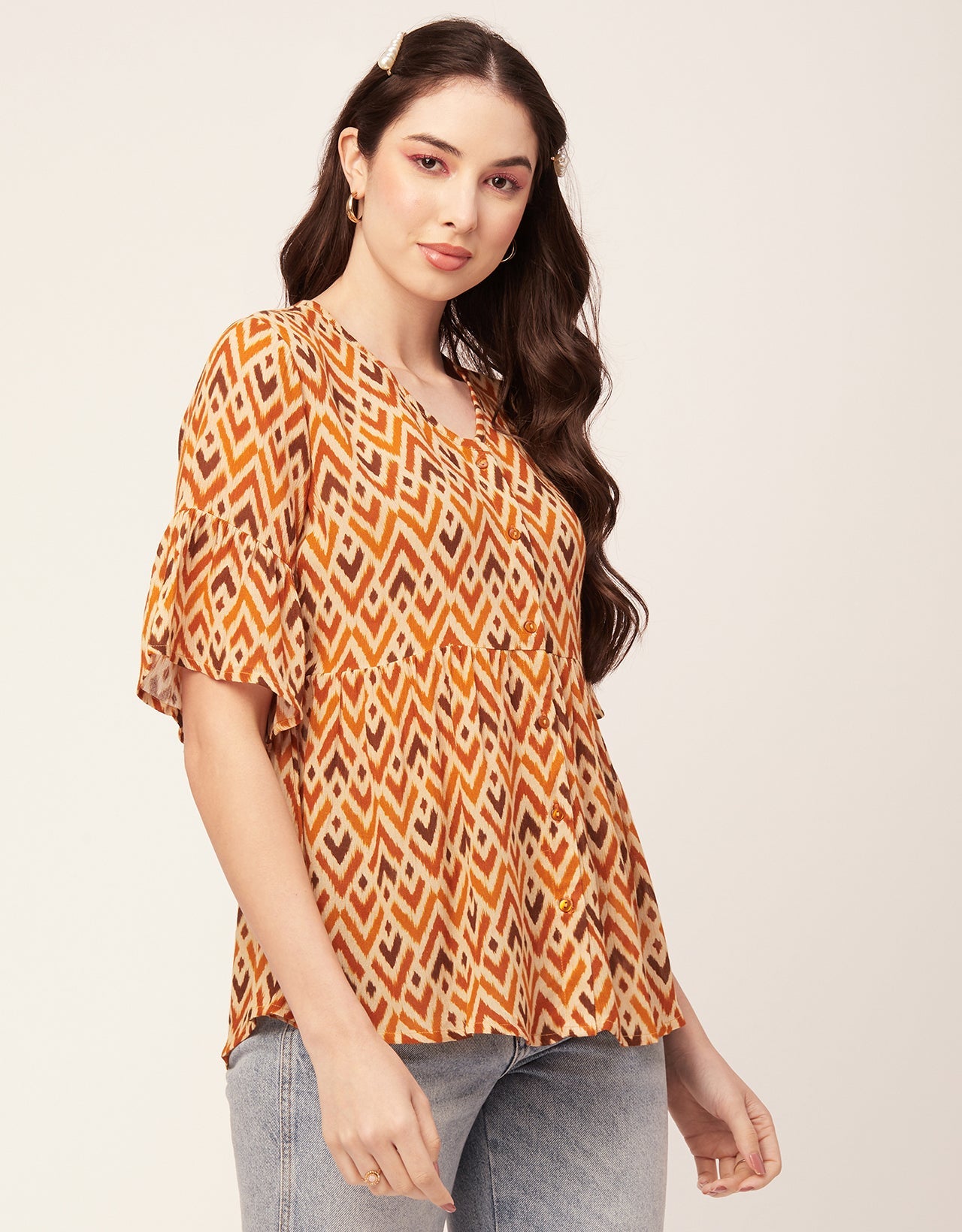 Printed V Neck Flutter T