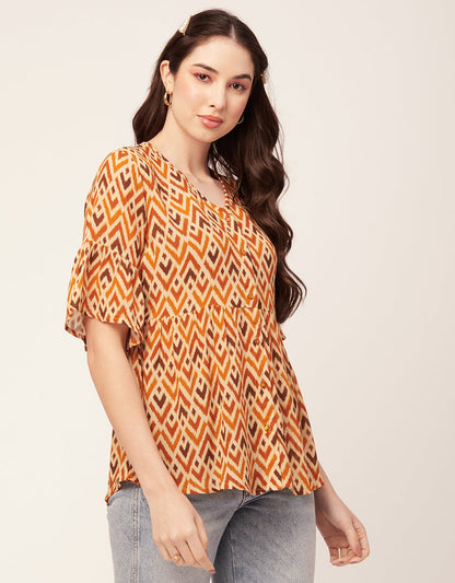 Printed V Neck Flutter T