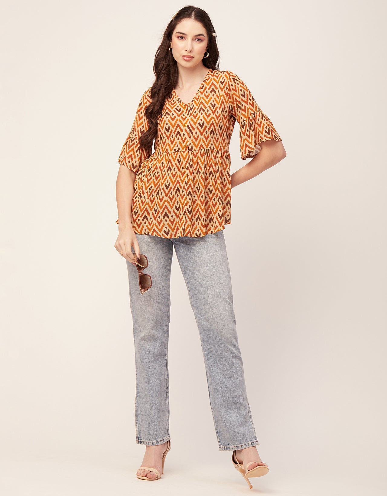 Printed V Neck Flutter T