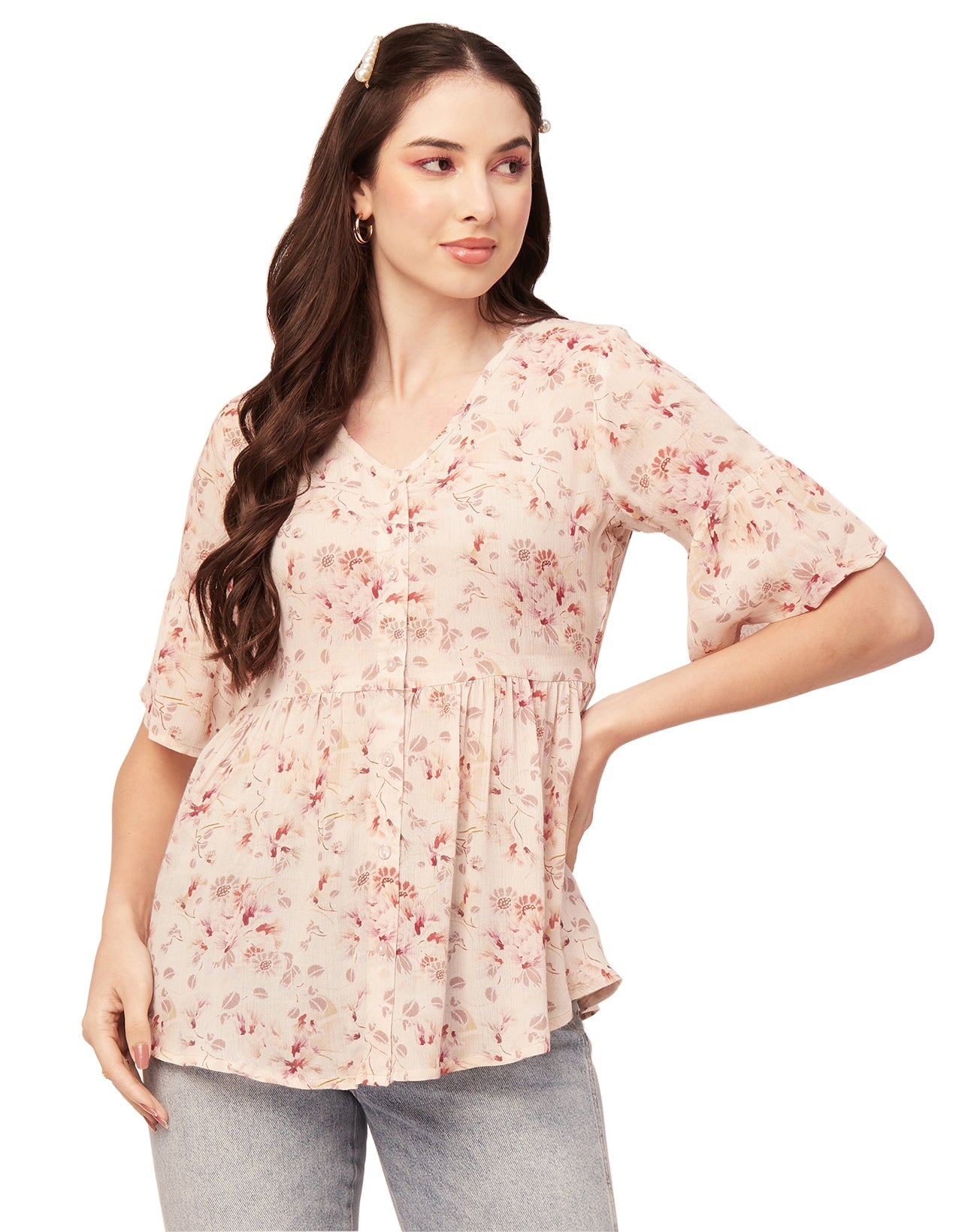 Printed V Neck Flutter T