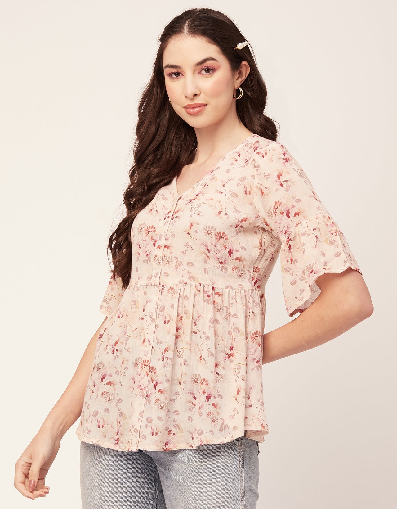 Printed V Neck Flutter T