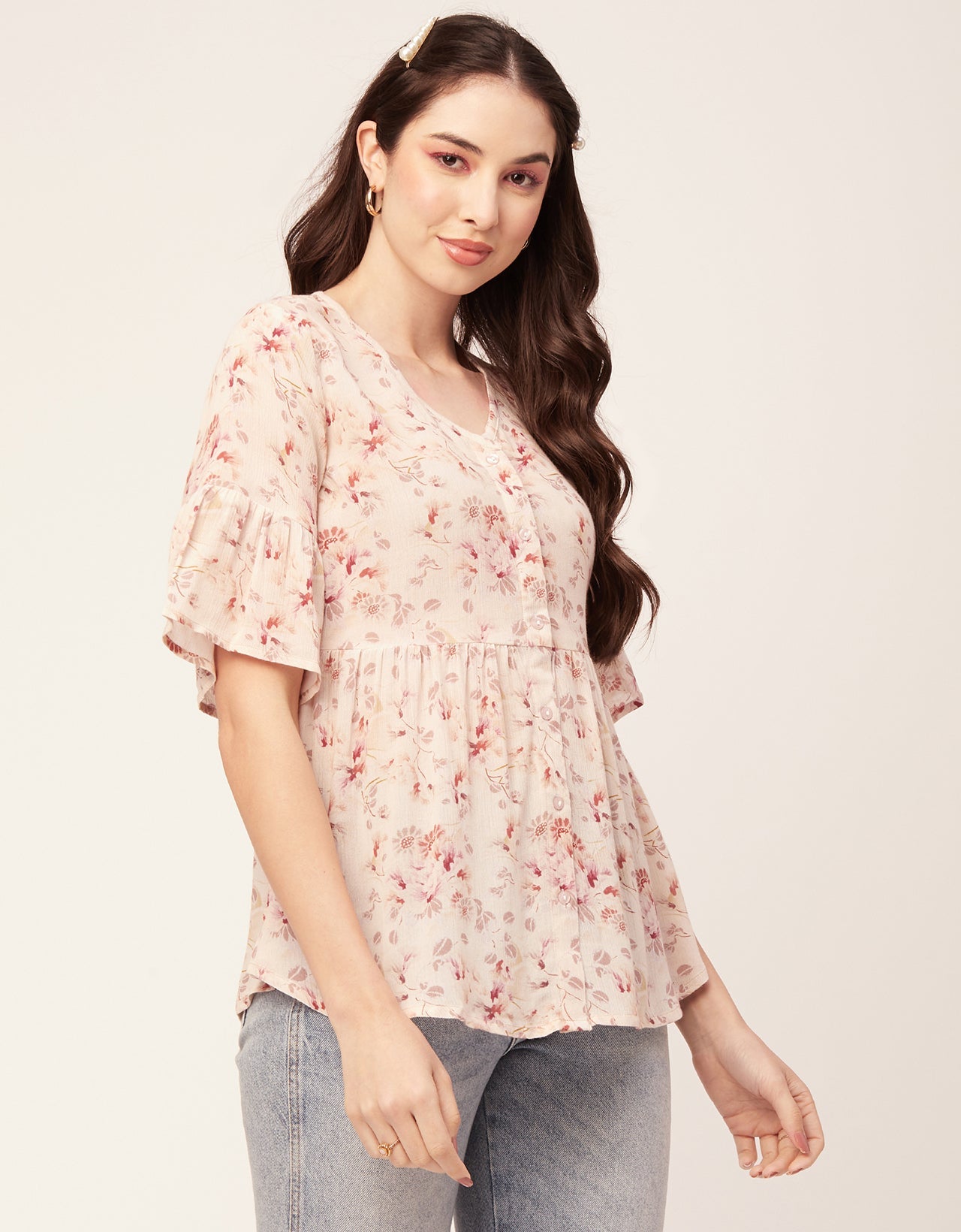 Printed V Neck Flutter T