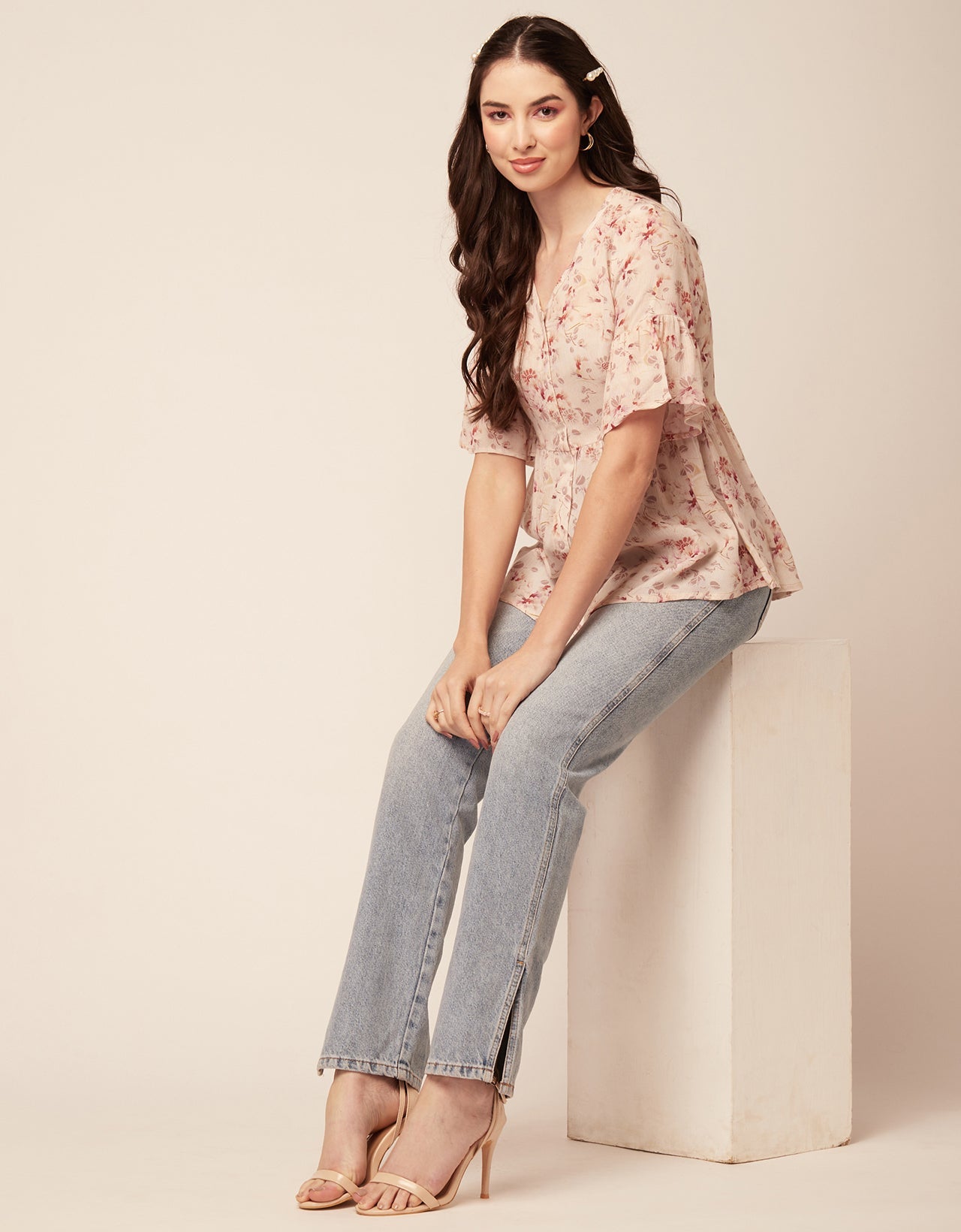 Printed V Neck Flutter T