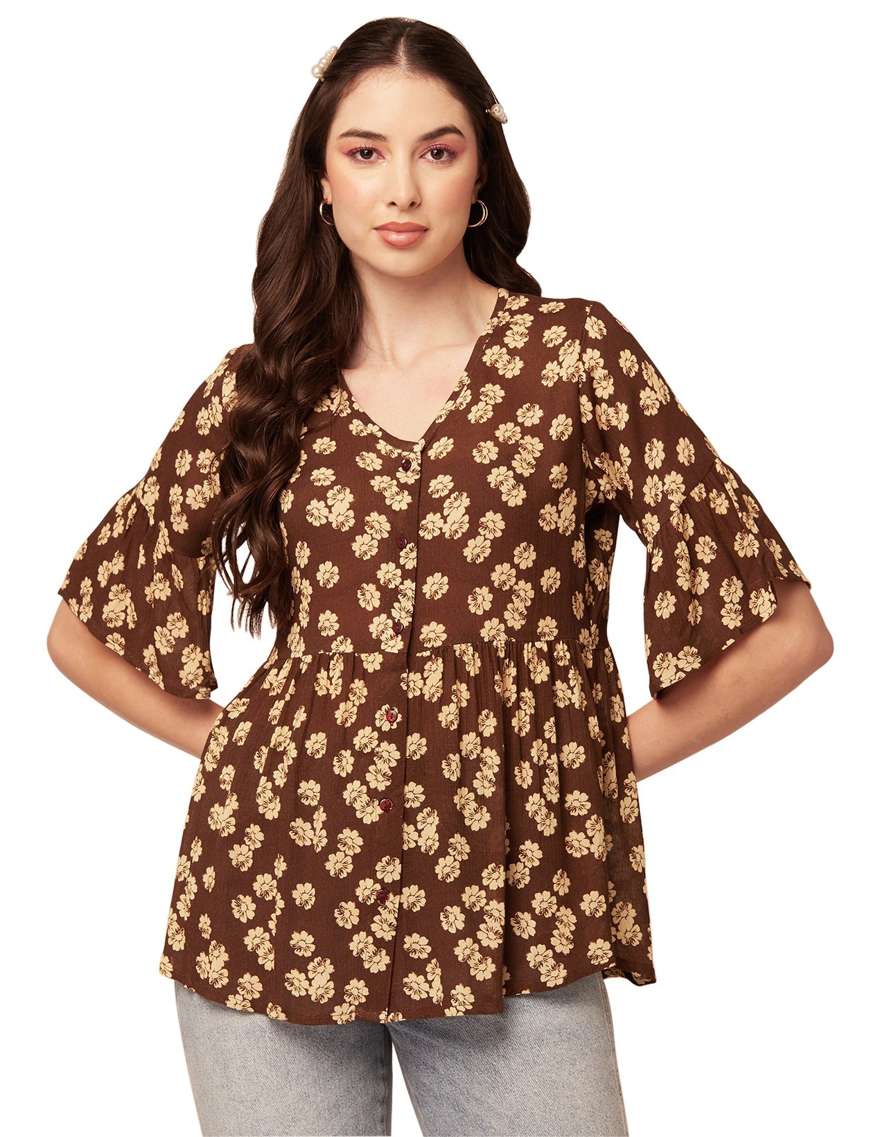 Printed V Neck Flutter T