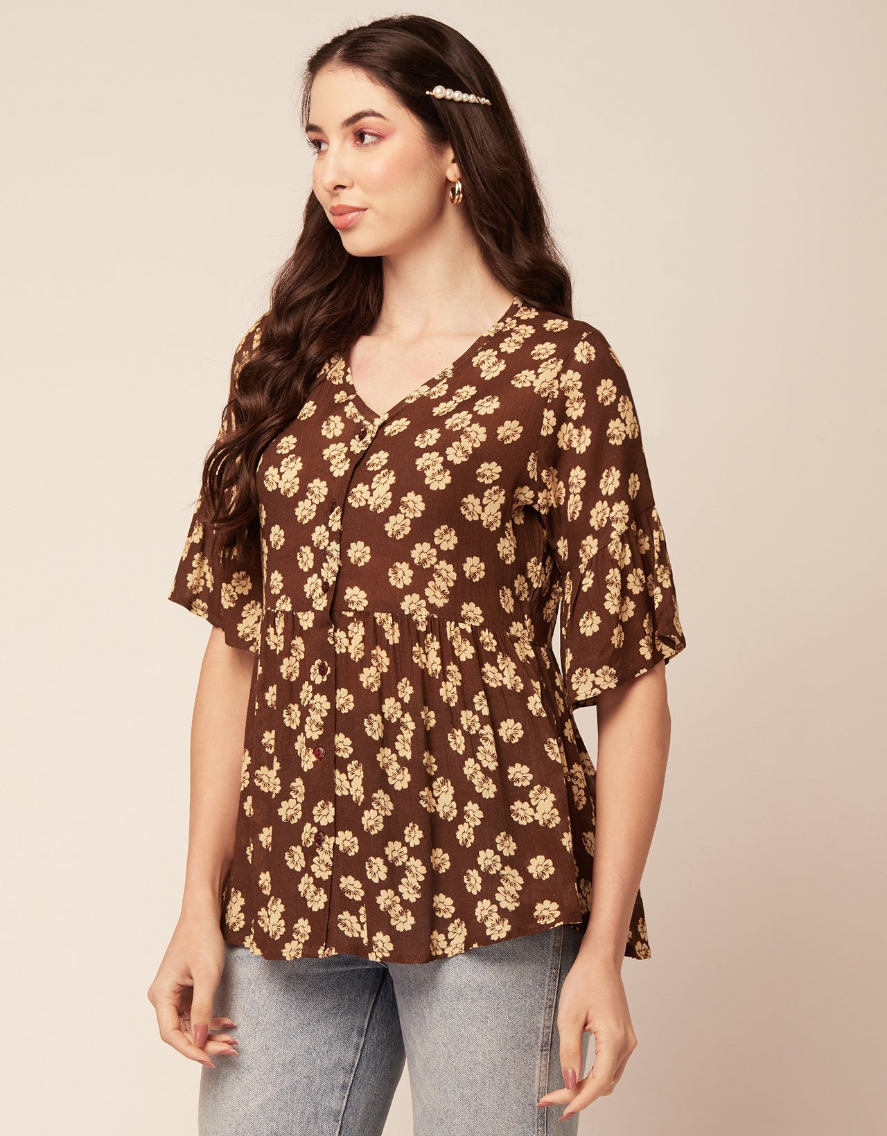 Printed V Neck Flutter T
