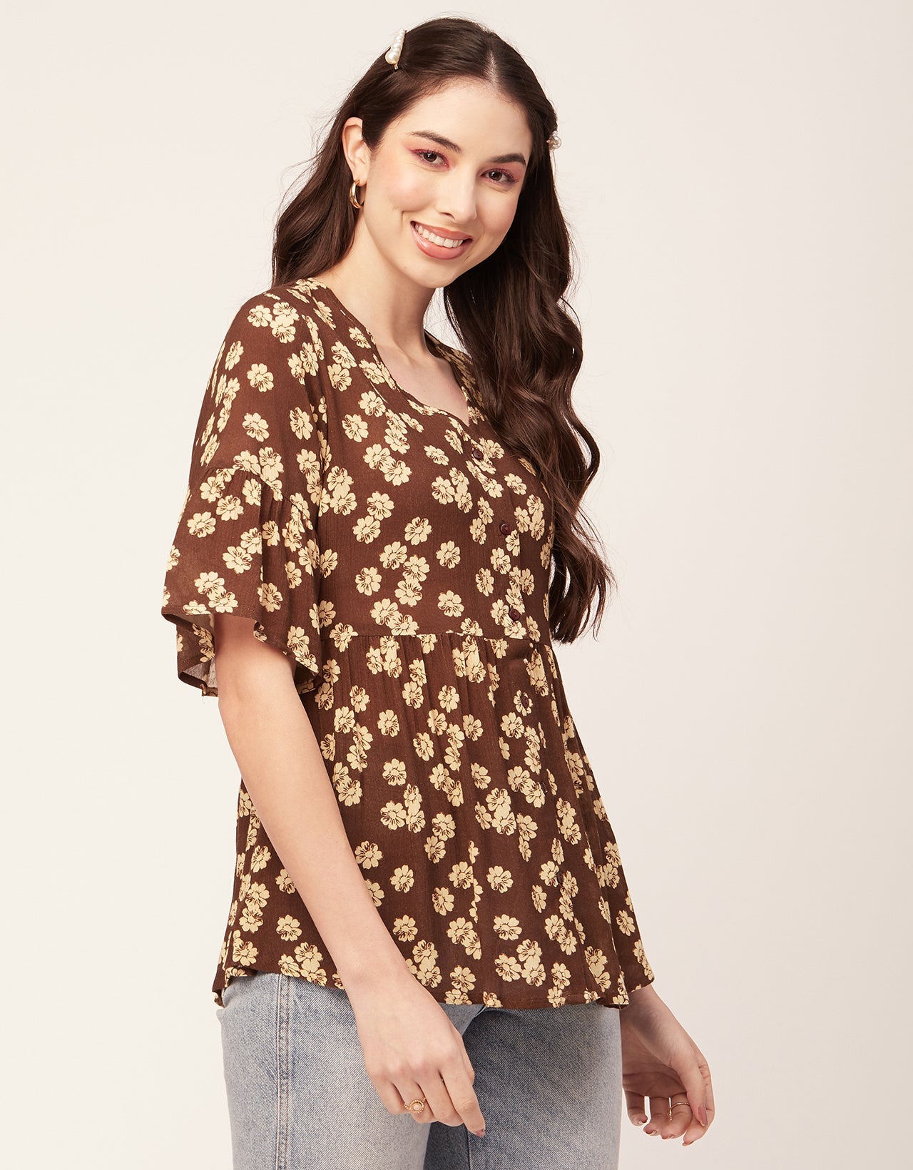 Printed V Neck Flutter T