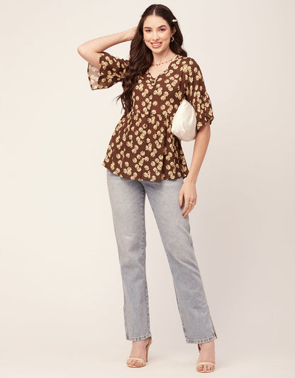 Printed V Neck Flutter T