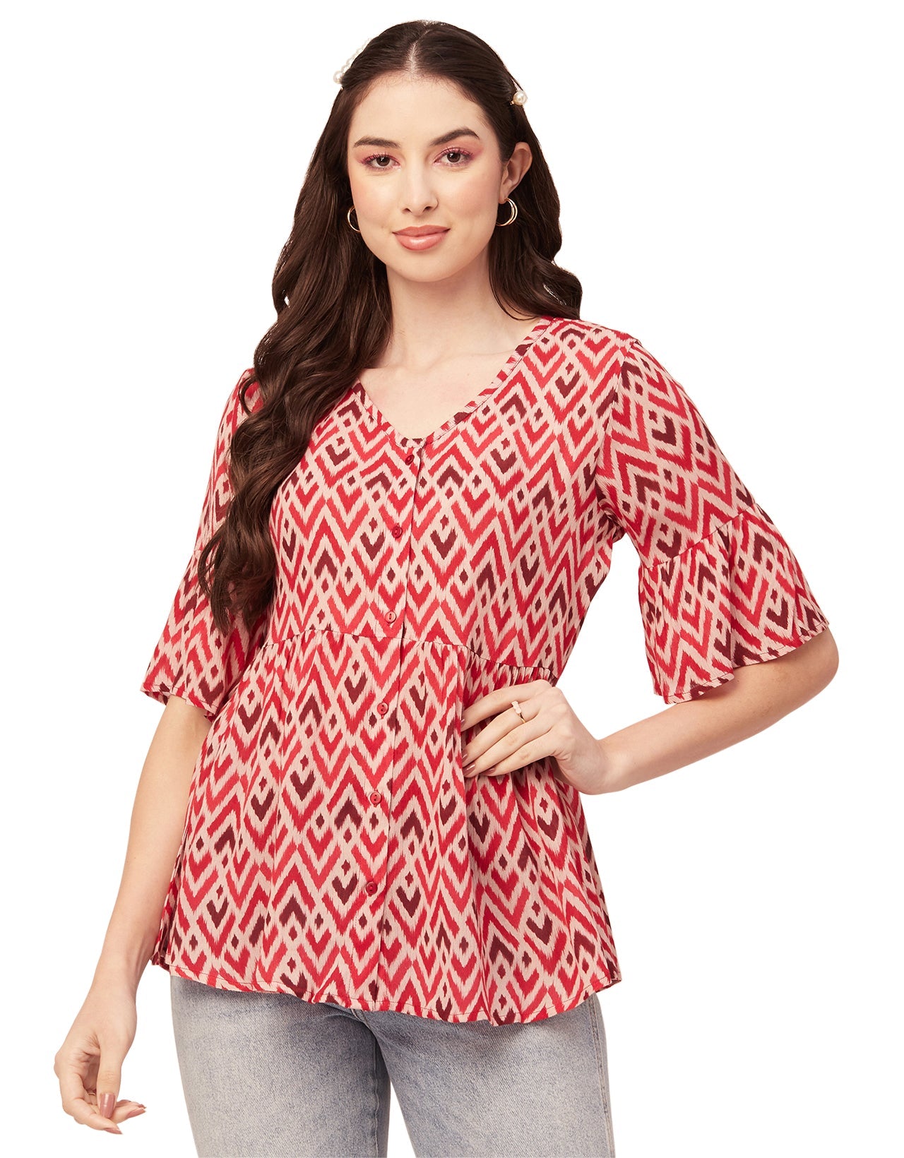 Printed V Neck Flutter T